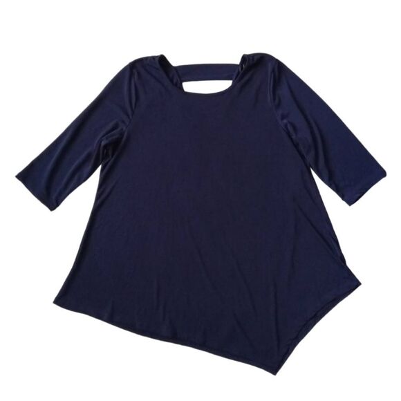 NY Collection Navy Blue Half Sleeve Asymmetrical Stretchy Blouse Women's Large - Picture 1 of 12